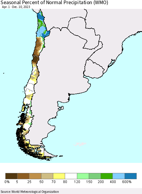 Chile Seasonal Percent of Normal Precipitation (WMO) Thematic Map For 4/1/2023 - 12/10/2023
