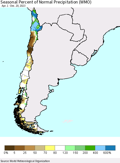 Chile Seasonal Percent of Normal Precipitation (WMO) Thematic Map For 4/1/2023 - 12/20/2023