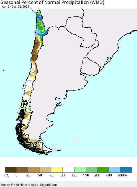 Chile Seasonal Percent of Normal Precipitation (WMO) Thematic Map For 4/1/2023 - 12/31/2023