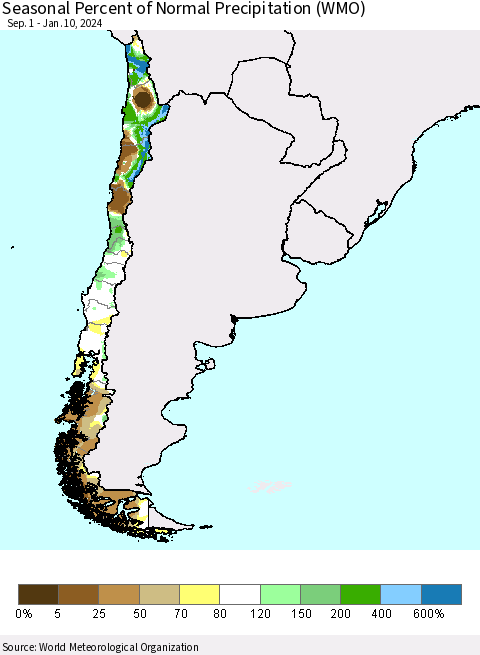 Chile Seasonal Percent of Normal Precipitation (WMO) Thematic Map For 9/1/2023 - 1/10/2024