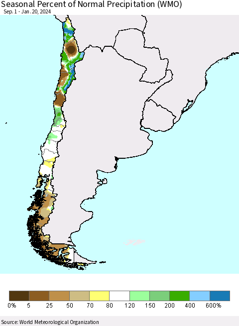 Chile Seasonal Percent of Normal Precipitation (WMO) Thematic Map For 9/1/2023 - 1/20/2024