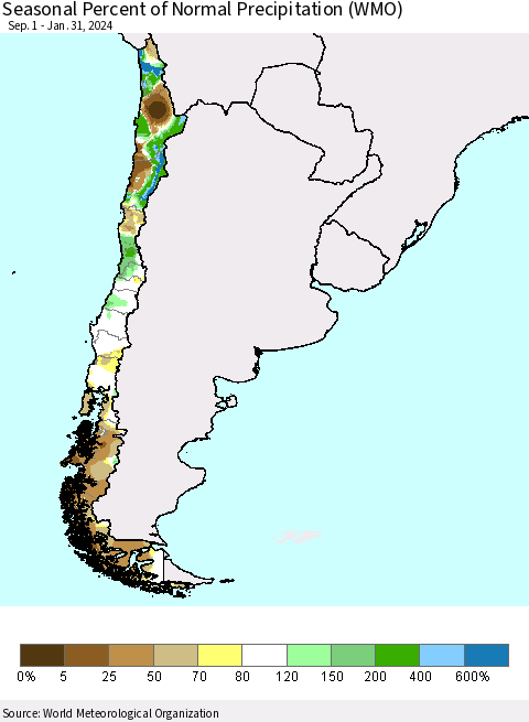 Chile Seasonal Percent of Normal Precipitation (WMO) Thematic Map For 9/1/2023 - 1/31/2024