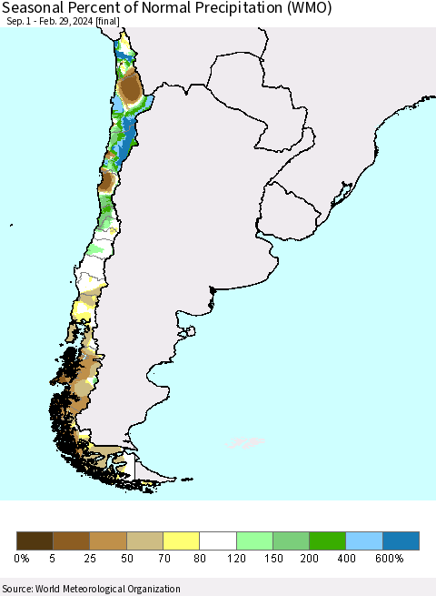 Chile Seasonal Percent of Normal Precipitation (WMO) Thematic Map For 9/1/2023 - 2/29/2024