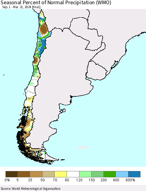 Chile Seasonal Percent of Normal Precipitation (WMO) Thematic Map For 9/1/2023 - 3/31/2024