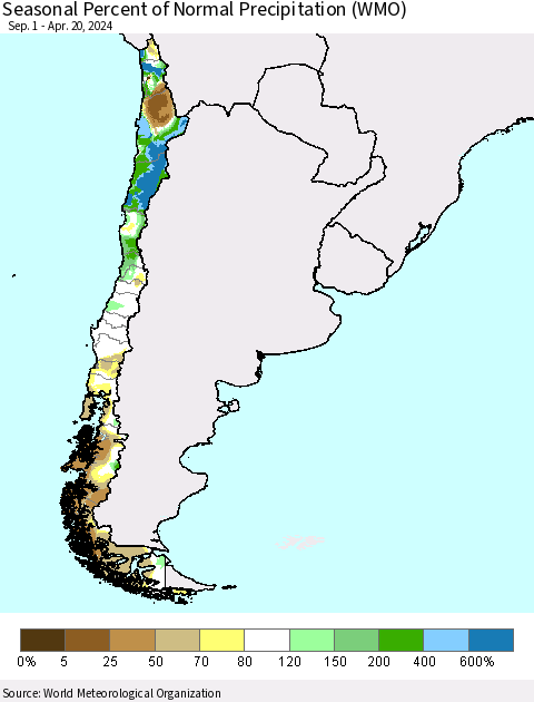 Chile Seasonal Percent of Normal Precipitation (WMO) Thematic Map For 9/1/2023 - 4/20/2024