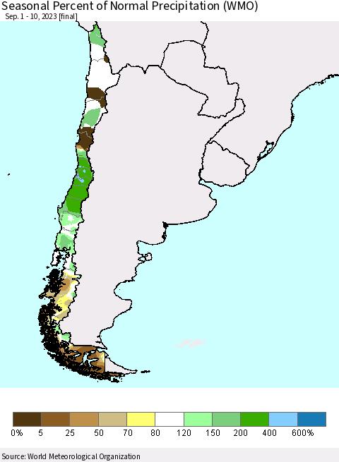 Chile Seasonal Percent of Normal Precipitation (WMO) Thematic Map For 9/1/2023 - 9/10/2023