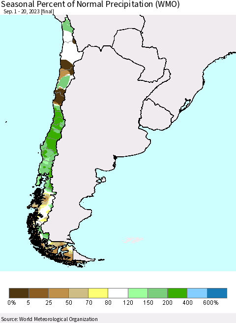 Chile Seasonal Percent of Normal Precipitation (WMO) Thematic Map For 9/1/2023 - 9/20/2023