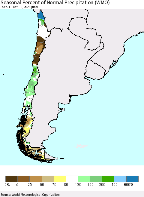 Chile Seasonal Percent of Normal Precipitation (WMO) Thematic Map For 9/1/2023 - 10/10/2023