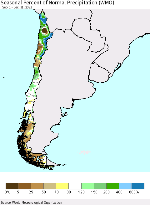 Chile Seasonal Percent of Normal Precipitation (WMO) Thematic Map For 9/1/2023 - 12/31/2023