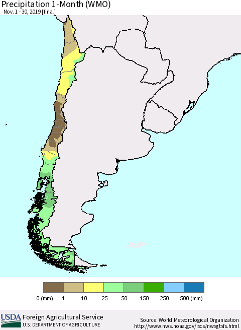 Chile Precipitation 1-Month (WMO) Thematic Map For 11/1/2019 - 11/30/2019