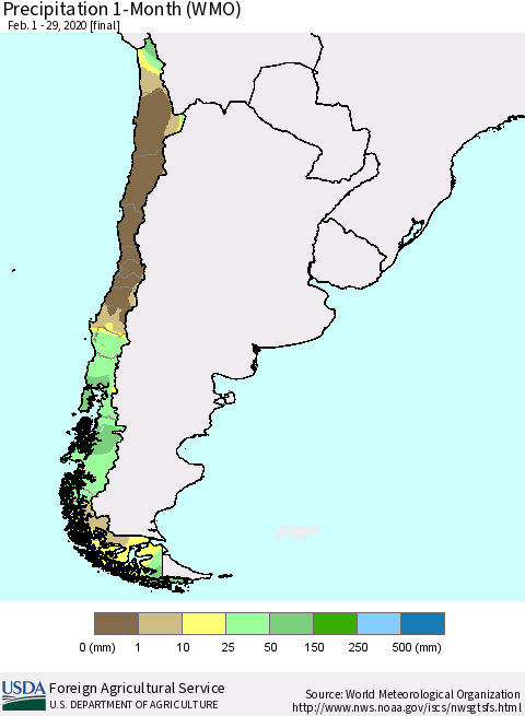 Chile Precipitation 1-Month (WMO) Thematic Map For 2/1/2020 - 2/29/2020