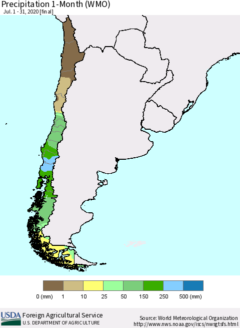 Chile Precipitation 1-Month (WMO) Thematic Map For 7/1/2020 - 7/31/2020