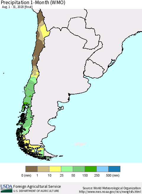 Chile Precipitation 1-Month (WMO) Thematic Map For 8/1/2020 - 8/31/2020