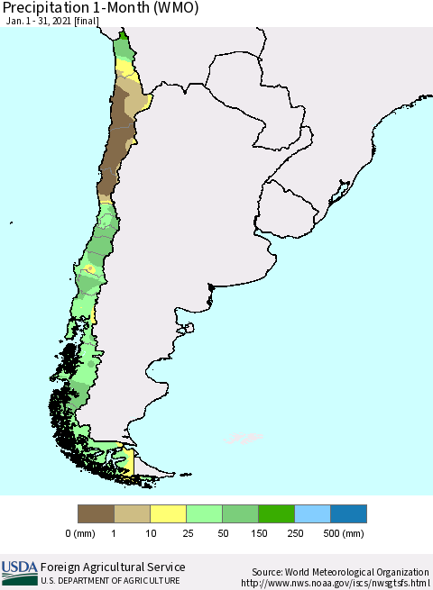 Chile Precipitation 1-Month (WMO) Thematic Map For 1/1/2021 - 1/31/2021