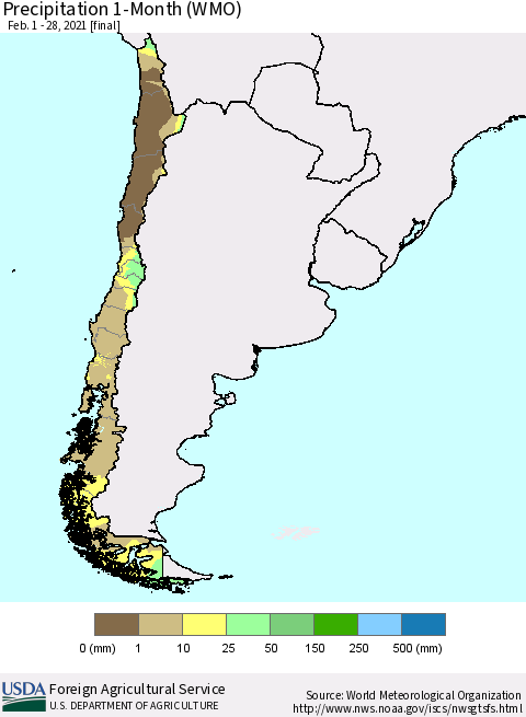 Chile Precipitation 1-Month (WMO) Thematic Map For 2/1/2021 - 2/28/2021