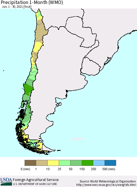 Chile Precipitation 1-Month (WMO) Thematic Map For 6/1/2021 - 6/30/2021