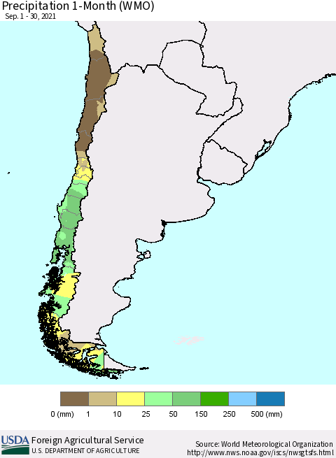 Chile Precipitation 1-Month (WMO) Thematic Map For 9/1/2021 - 9/30/2021