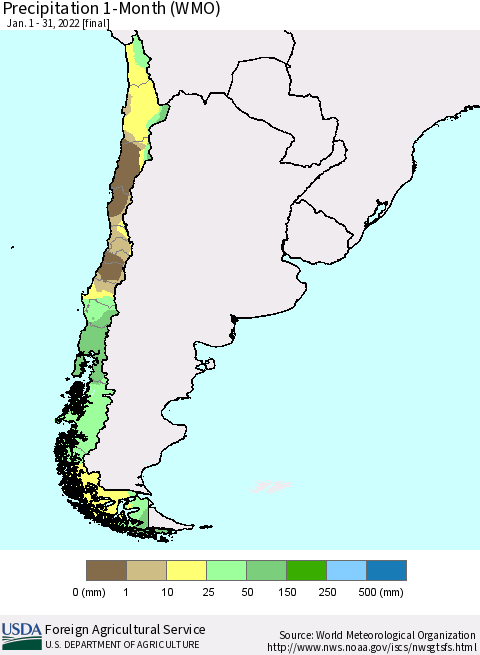 Chile Precipitation 1-Month (WMO) Thematic Map For 1/1/2022 - 1/31/2022