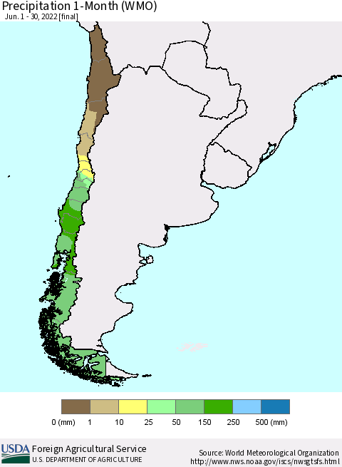Chile Precipitation 1-Month (WMO) Thematic Map For 6/1/2022 - 6/30/2022