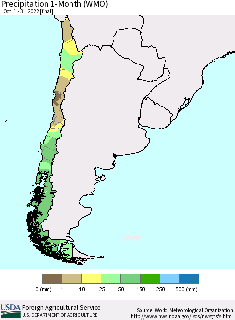 Chile Precipitation 1-Month (WMO) Thematic Map For 10/1/2022 - 10/31/2022
