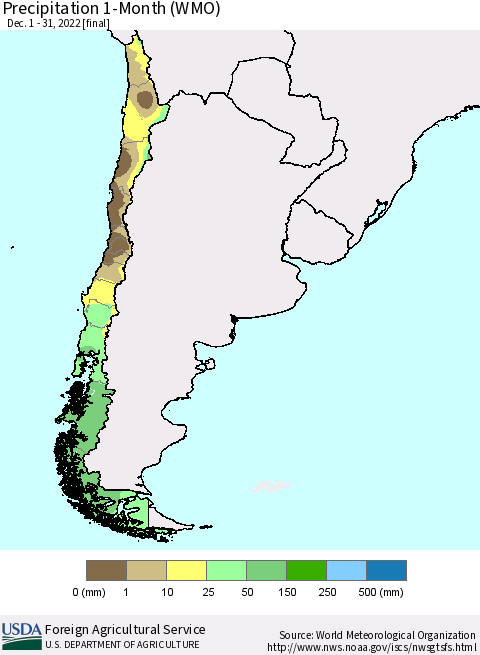 Chile Precipitation 1-Month (WMO) Thematic Map For 12/1/2022 - 12/31/2022