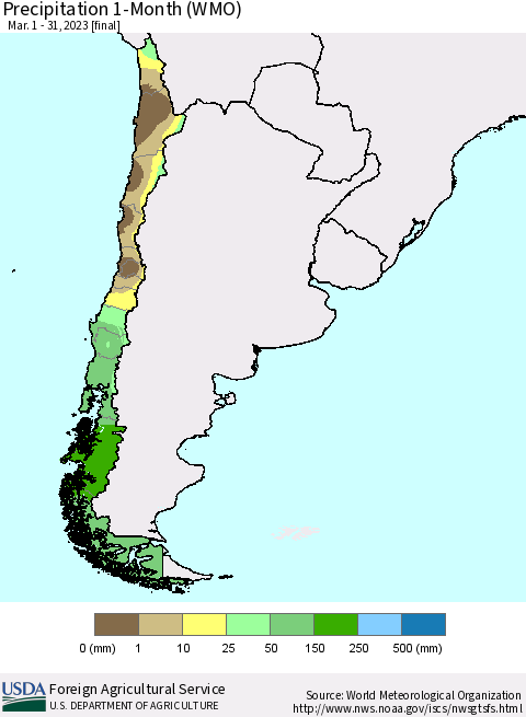 Chile Precipitation 1-Month (WMO) Thematic Map For 3/1/2023 - 3/31/2023