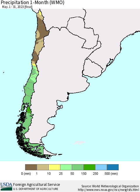 Chile Precipitation 1-Month (WMO) Thematic Map For 5/1/2023 - 5/31/2023