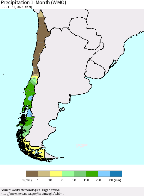 Chile Precipitation 1-Month (WMO) Thematic Map For 7/1/2023 - 7/31/2023