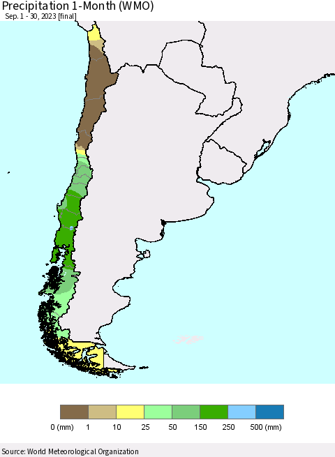 Chile Precipitation 1-Month (WMO) Thematic Map For 9/1/2023 - 9/30/2023