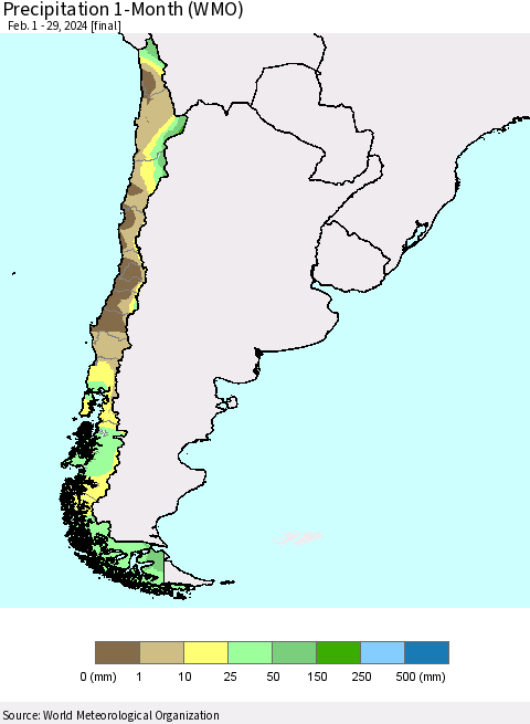 Chile Precipitation 1-Month (WMO) Thematic Map For 2/1/2024 - 2/29/2024
