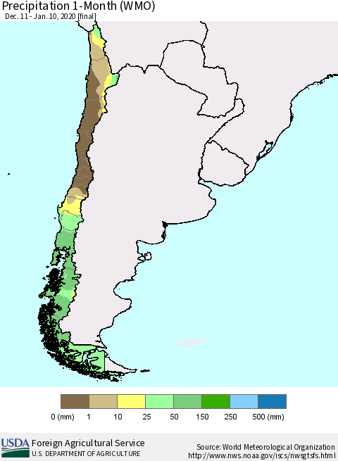 Chile Precipitation 1-Month (WMO) Thematic Map For 12/11/2019 - 1/10/2020