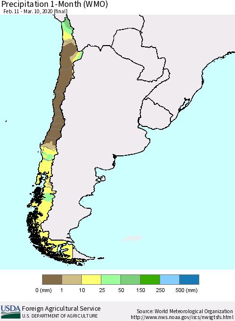Chile Precipitation 1-Month (WMO) Thematic Map For 2/11/2020 - 3/10/2020