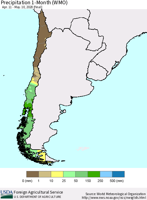 Chile Precipitation 1-Month (WMO) Thematic Map For 4/11/2020 - 5/10/2020