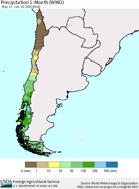 Chile Precipitation 1-Month (WMO) Thematic Map For 5/11/2020 - 6/10/2020