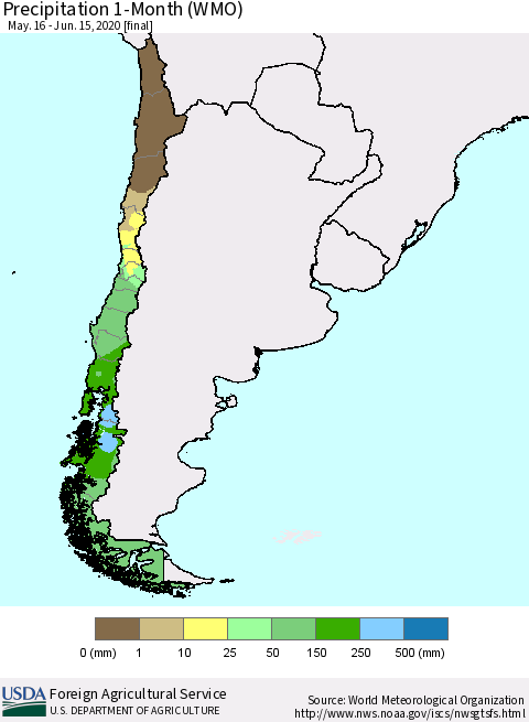 Chile Precipitation 1-Month (WMO) Thematic Map For 5/16/2020 - 6/15/2020
