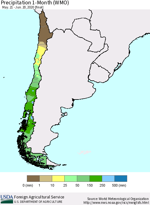 Chile Precipitation 1-Month (WMO) Thematic Map For 5/21/2020 - 6/20/2020