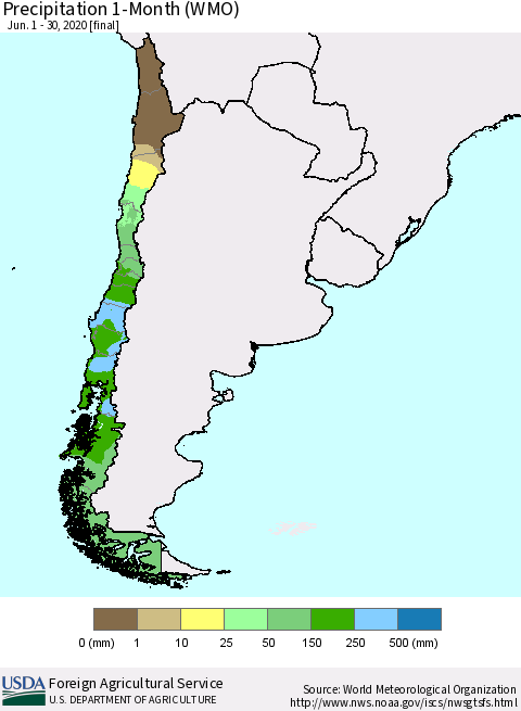 Chile Precipitation 1-Month (WMO) Thematic Map For 6/1/2020 - 6/30/2020