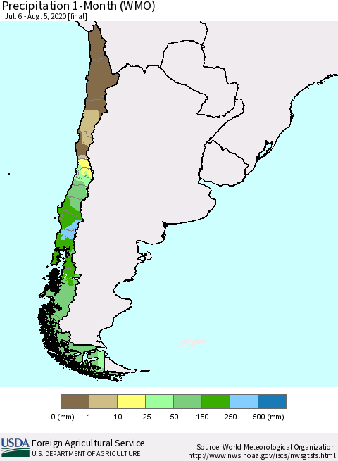 Chile Precipitation 1-Month (WMO) Thematic Map For 7/6/2020 - 8/5/2020