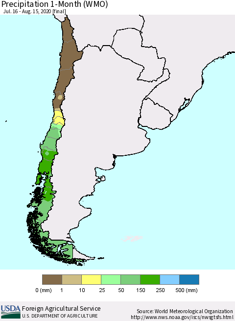 Chile Precipitation 1-Month (WMO) Thematic Map For 7/16/2020 - 8/15/2020
