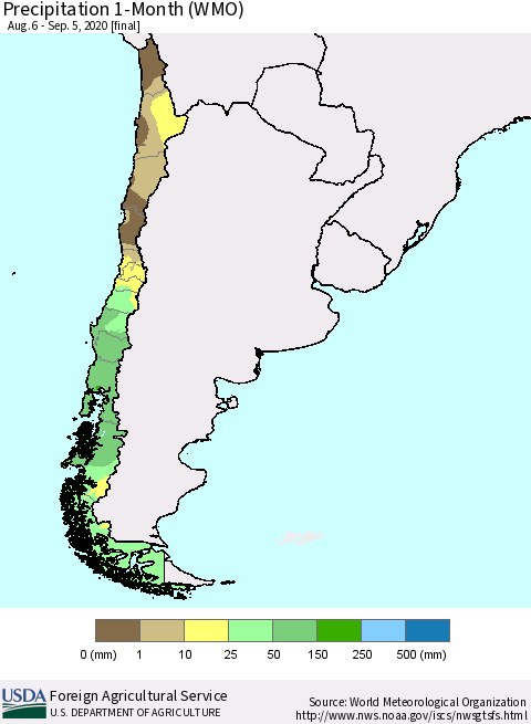 Chile Precipitation 1-Month (WMO) Thematic Map For 8/6/2020 - 9/5/2020
