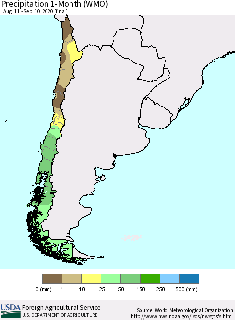 Chile Precipitation 1-Month (WMO) Thematic Map For 8/11/2020 - 9/10/2020
