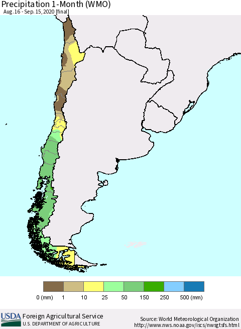Chile Precipitation 1-Month (WMO) Thematic Map For 8/16/2020 - 9/15/2020