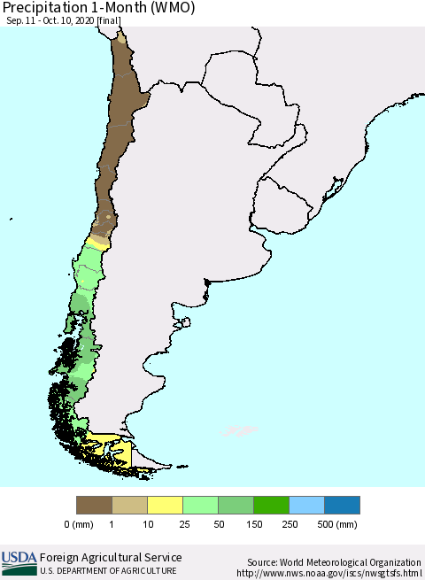 Chile Precipitation 1-Month (WMO) Thematic Map For 9/11/2020 - 10/10/2020