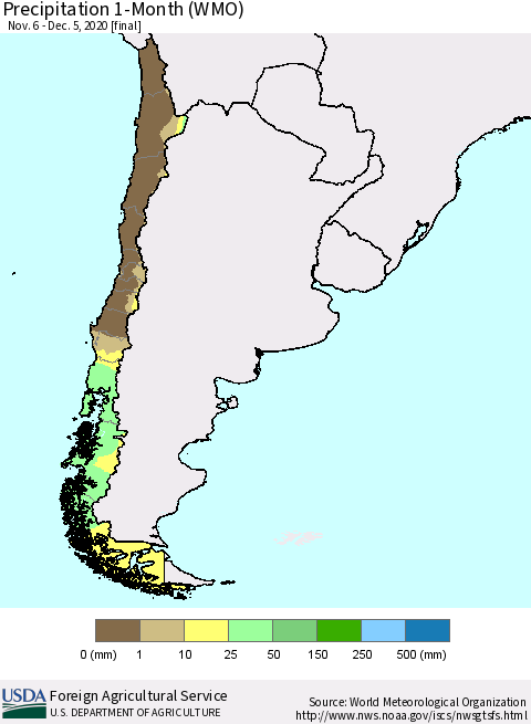 Chile Precipitation 1-Month (WMO) Thematic Map For 11/6/2020 - 12/5/2020