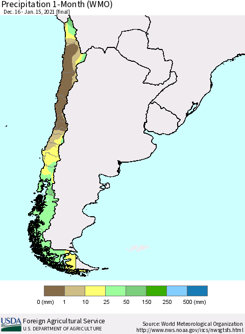 Chile Precipitation 1-Month (WMO) Thematic Map For 12/16/2020 - 1/15/2021
