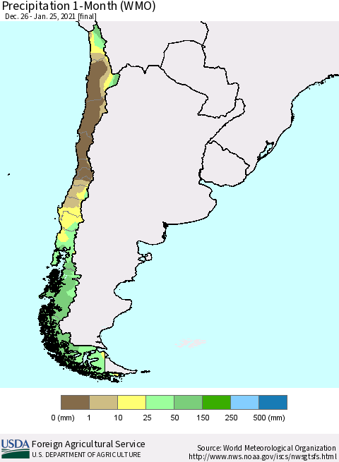 Chile Precipitation 1-Month (WMO) Thematic Map For 12/26/2020 - 1/25/2021