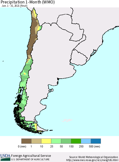 Chile Precipitation 1-Month (WMO) Thematic Map For 1/1/2021 - 1/31/2021