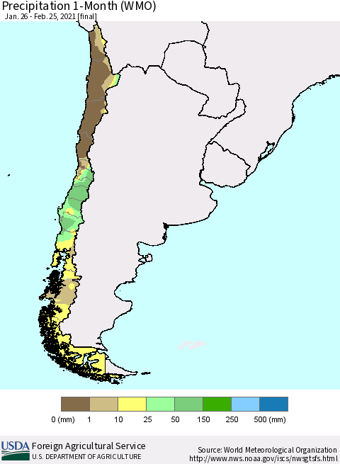 Chile Precipitation 1-Month (WMO) Thematic Map For 1/26/2021 - 2/25/2021
