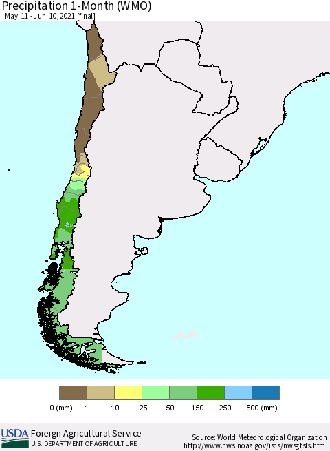 Chile Precipitation 1-Month (WMO) Thematic Map For 5/11/2021 - 6/10/2021
