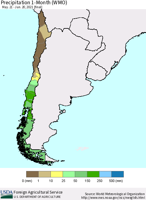 Chile Precipitation 1-Month (WMO) Thematic Map For 5/21/2021 - 6/20/2021